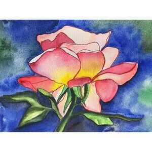 Original Watercolor Painting 8.5x6" Pink Rose Art Vintage Yellow Roses Small